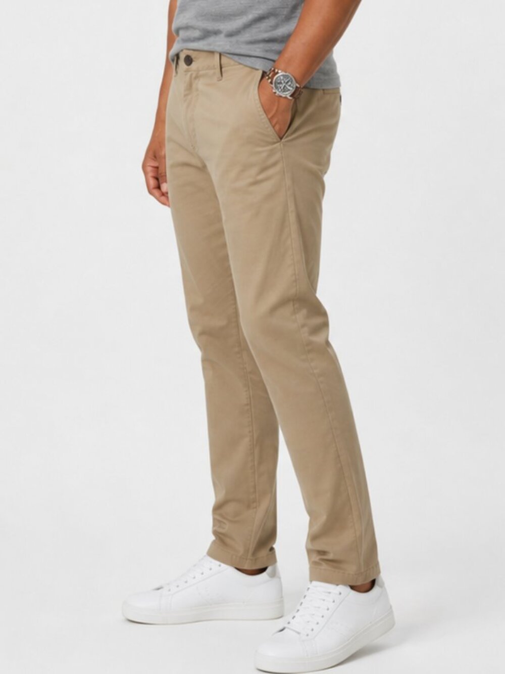 Mens Beige Chino Pants Slim Straight Fit Casual Stretch Size 33 Khaki